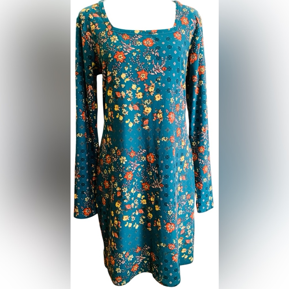 Mudd, Teal  Vibrant Floral Long Sleeve‎ Dress size Large - Picture 4 of 7